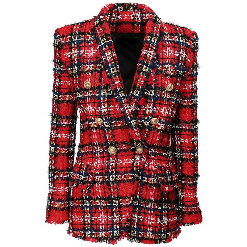 

Newest 2020 Designer Jacket Women' Double Breasted Shawl Collar Tassel Fringed Plaid Tweed Blazer, Red