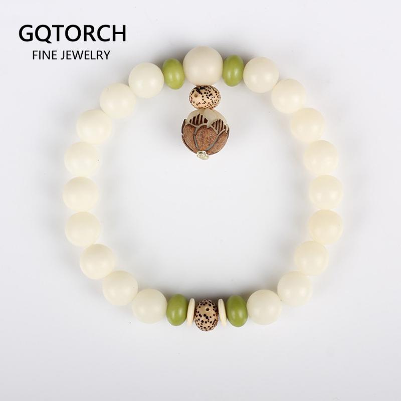 

Natural White Bodhi Seed Beads Handmade Stretch Beaded Bracelet For Women Carved Lotus Flowers Buddhism Yoga Healing Jewelry