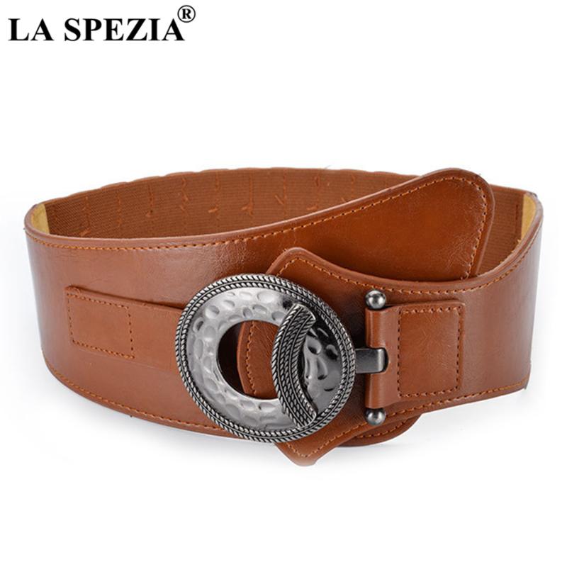 LA SPEZIA Wide Waist Belt Women Leather Elastic Cummerbund Female Brown Designer Brand Ladies Fashion Pin Belts For Dresses