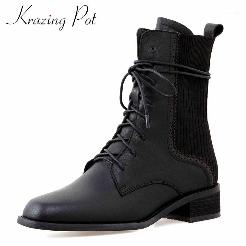 

Krazing pot stretch boots genuine leather knitting patchwork round toe thick med heel lace up leisure daily wear ankle boots L751, Beige