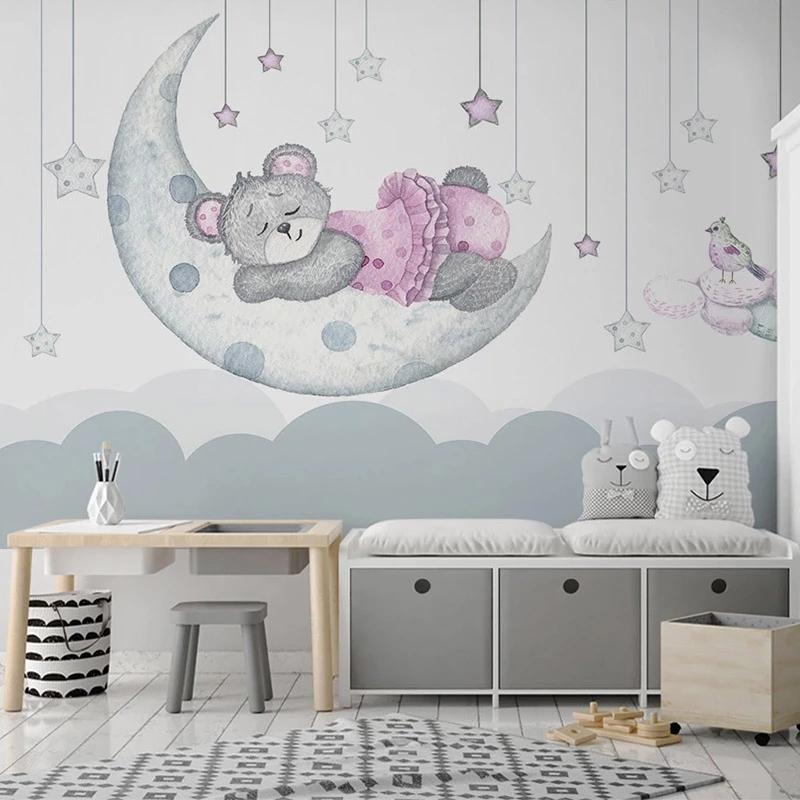 

Custom Mural Cartoon Moon Stars Pink Bear Photo Wall Murals Kindergarten Children Room Girl Room Bedroom Background Wall Paper, Silk cloth