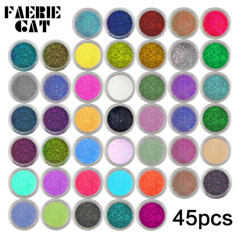 

45Pcs/Set Nail Glitters Mixed Colors Nail Art Fine Glitter Powder Dust for UV Gel Polish Acrylic Tips DIY Decoration Tools