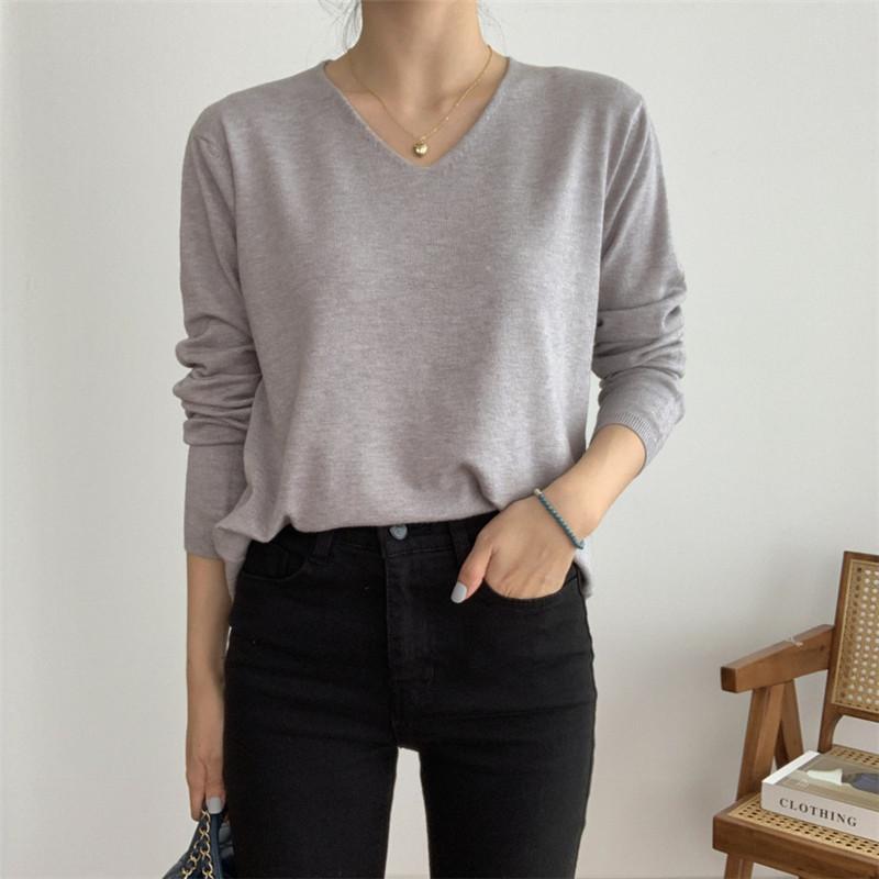 

2021 Spring New Women Sweaters Female Knitted Pullover Bottoming Tops Solid V-neck Concise Elegant Office Lady Casual All Match, Black