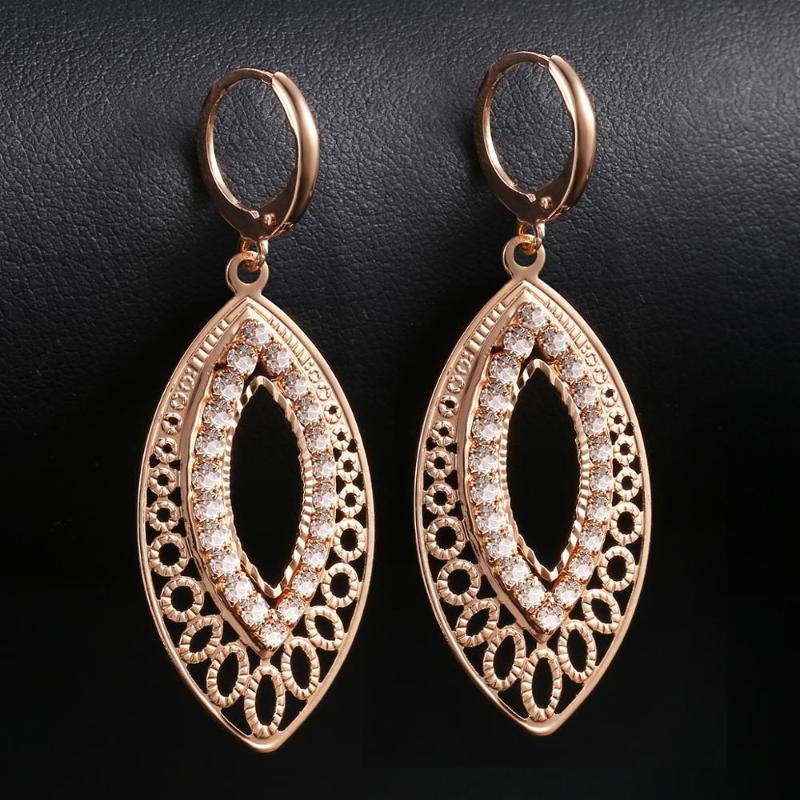 

585 Rose Gold Cut Out Leaf Shaped Drop Earrings for Womens Girls Hollow Paved CZ Drop Dangle Earrings GE196A