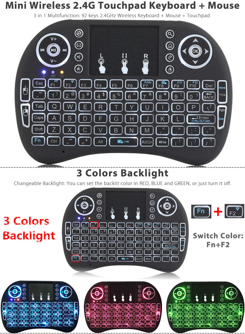 

Hot Gaming Keyboard i8 mini Wireless Mouse 2.4g Handheld Touchpad Rechargeable Battery Fly Air Mouse Remote Control with 7 Colors Backlight