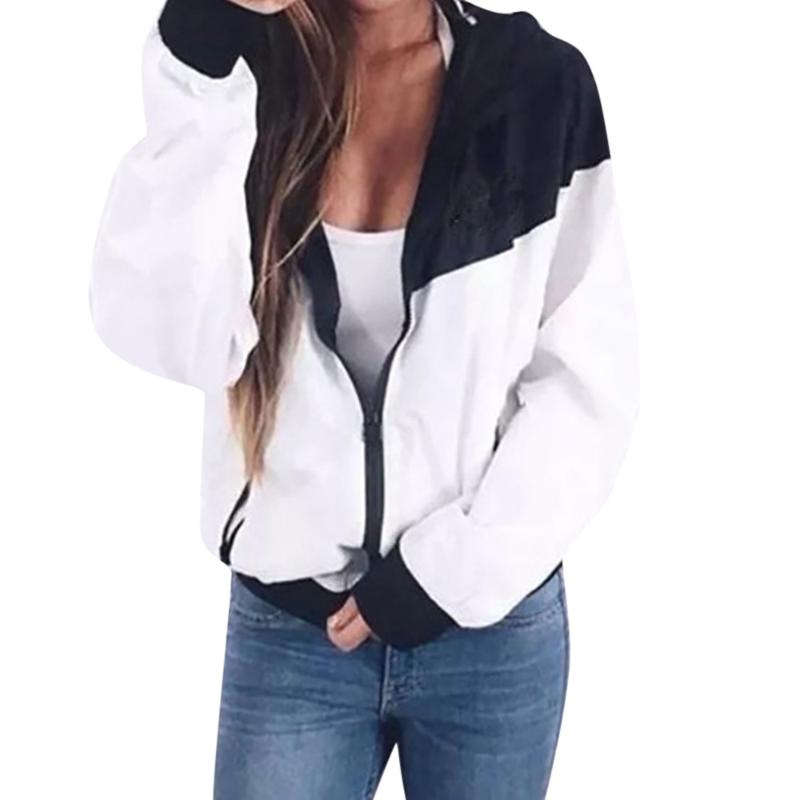 

Women Casual Long Sleeve Patchwork Polyester Thin Skinsuits Hooded Zipper Pockets Sport Autumn Winter Coat Women Femme A25, Black