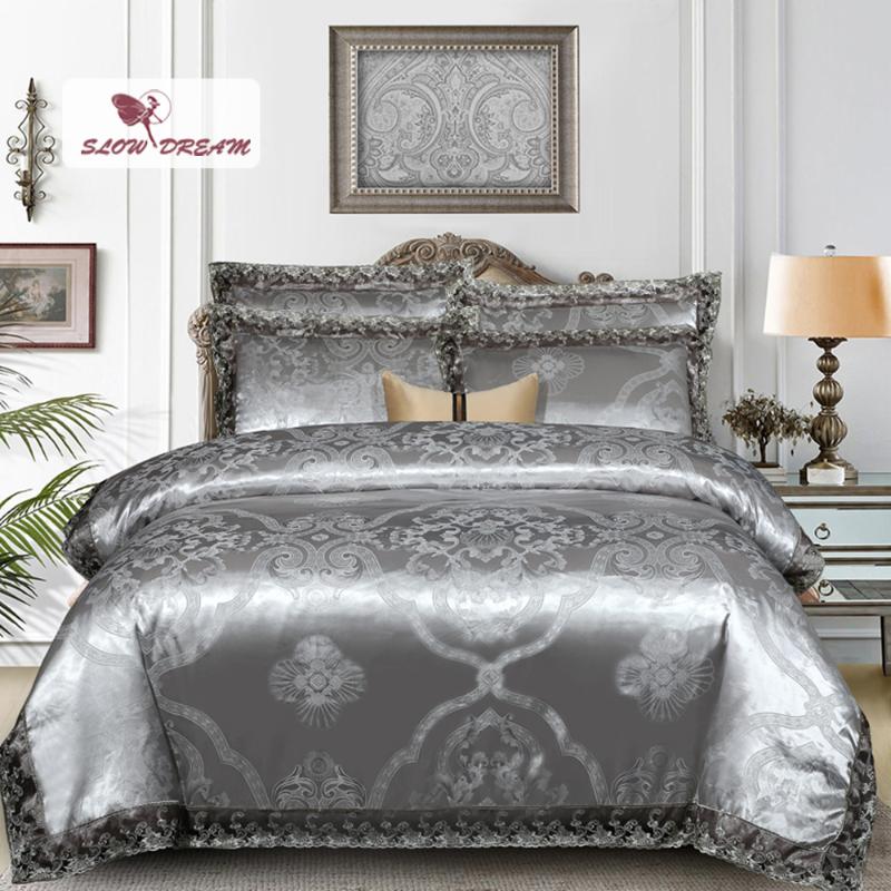 

SlowDream Gray Lace Decor Home Bedding Set 4PCS Duvet Cover+Flat/Fitted Sheet+Pillowcases Luxury Euro King Mattress Cover Corner, 011