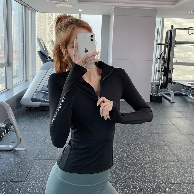 

2021 New Women Slim Gym Yoga Shirts Long Sleeve Half Zipper Sports Workout Tops Mesh Letters Fitness Training Jogging T-shirts, Black fsf20984