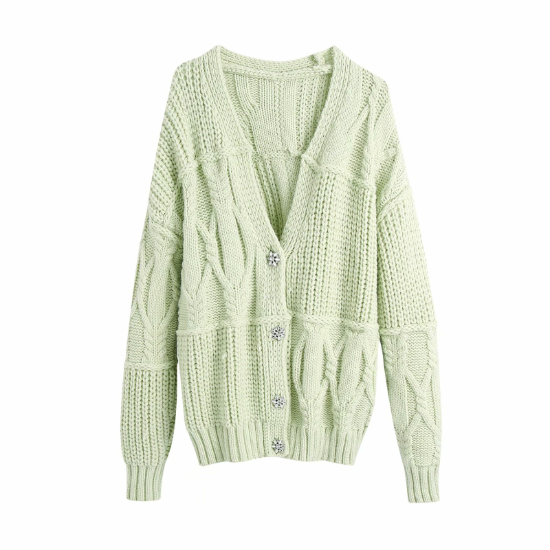 

Puwd casual soft woman loose cardigan mesh 2020 fall fashion ladies oversized diamond button women' fancy blouses, Light green.