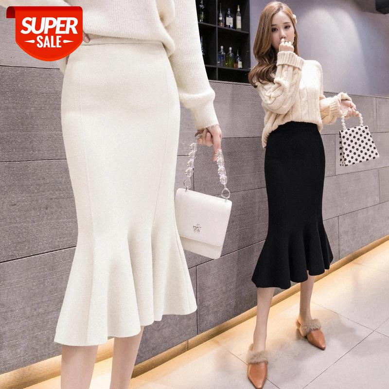

JXMYY Knitted skirt women fall/winter 2020 all-match high waist bag hip hip mid-length slim fishtail skirt one-step #PU1S, White;black