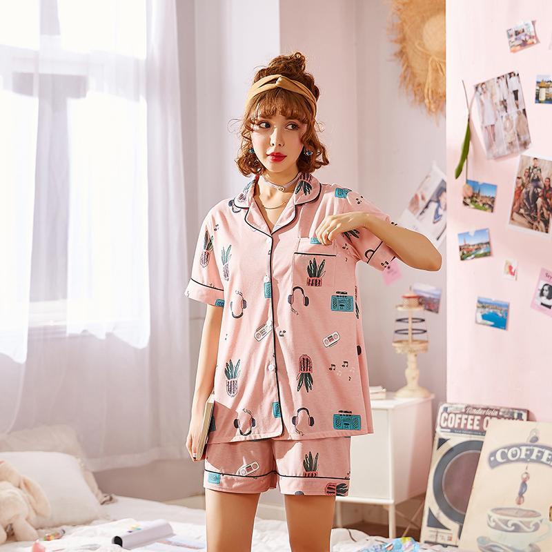 

New Printing Summer Short Sleeve Silk Pajamas Set Two Pieces Set Women Sleepwear Sexy Nightwear for Women Sleeping1, Pink