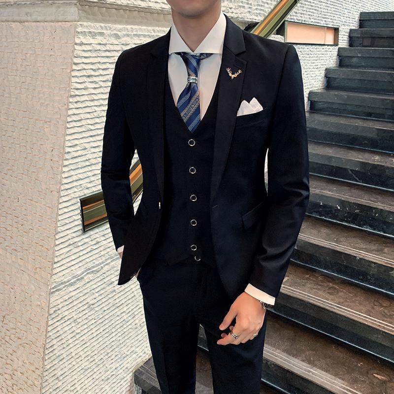 

2021 Three-piece Male Formal Business Solid Suit for Men's Fashion Boutique Wedding Dress Suit ( Jacket + Vest + Pants, Black