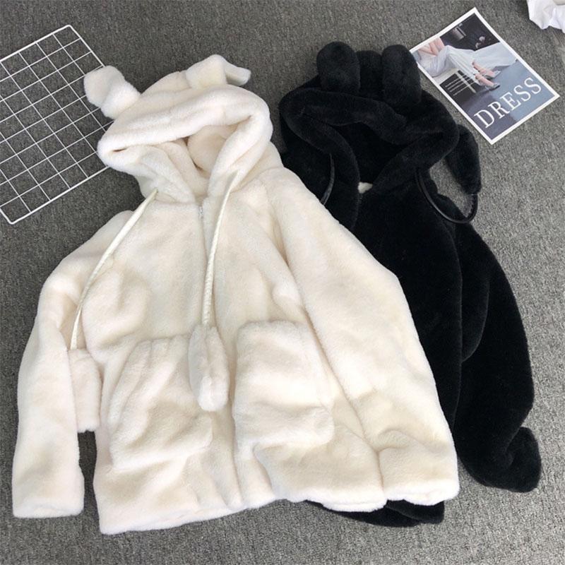 

Moving Ears Korean Faux Fur Plush Coat Women Winter Thick Furry Jacket Biker Woman White Hooded Pocket Plus Size Shelter