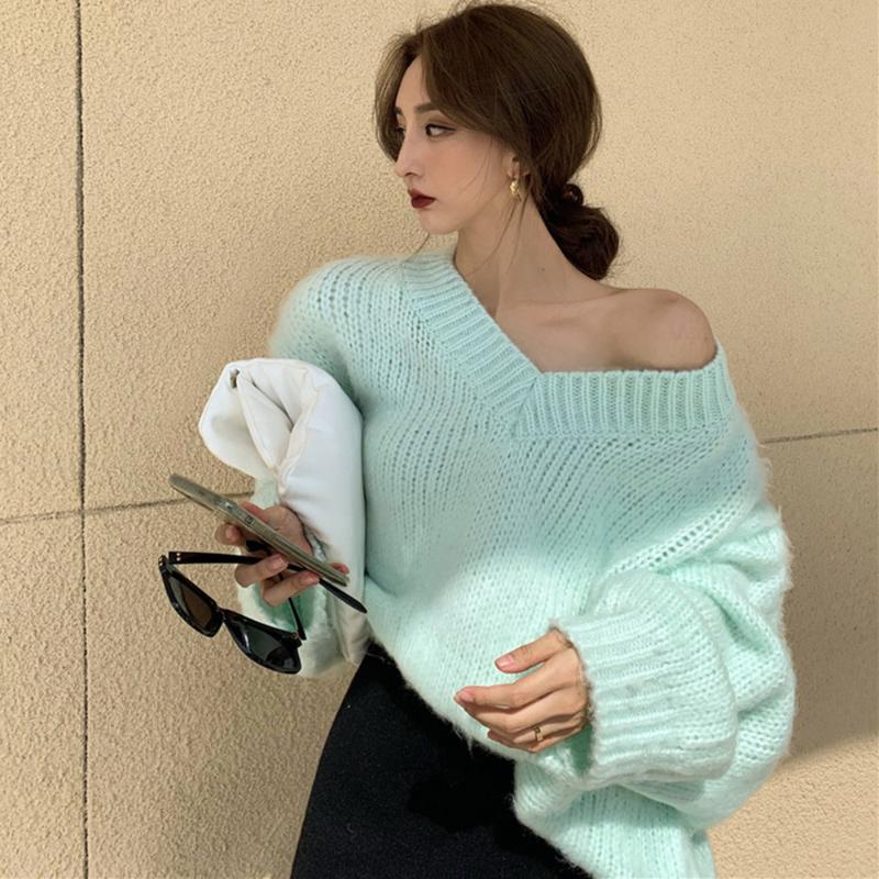 

Korean Version Pullover Loose Lazy V-neck Autumn And Winter Fashion All-match Long Sleeve Knitting Jumper, Army green