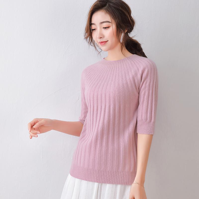 

BELIARST 2020 Spring and Summer New Wool Short-Sleeved Woman O-Neck Pullover Slim Draw Sexy Cashmere Sweater 100% Pure Wool, Beige