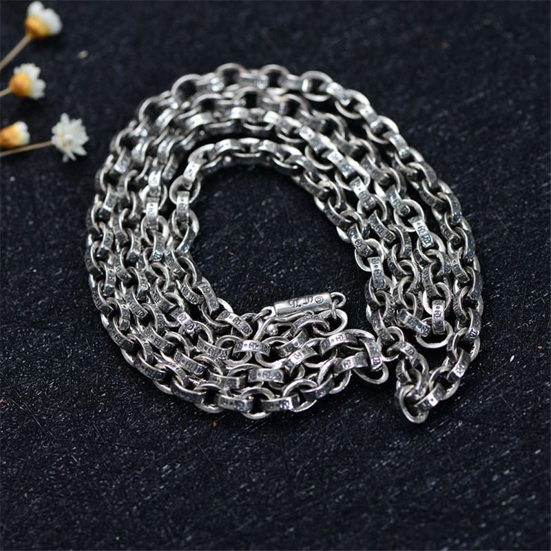 

Solid 925 Sterling Silver Thai Silver Cuboid LINK Men's oxidized chain Retro Thick 5mm Personality Six-word Mantra Vajra Men's