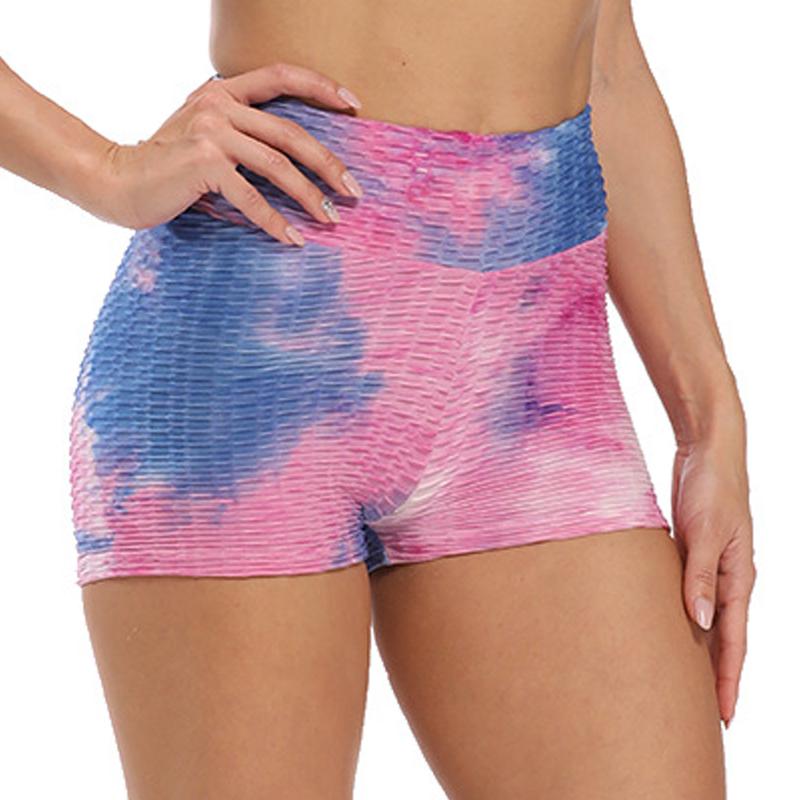 

Summer Jacquard Women Push Up Yoga Shorts Tie-Dye Printed Elastic High Waist Multiclolor Fitness Slim Ladies Tight Short Pant, Yellow and blue