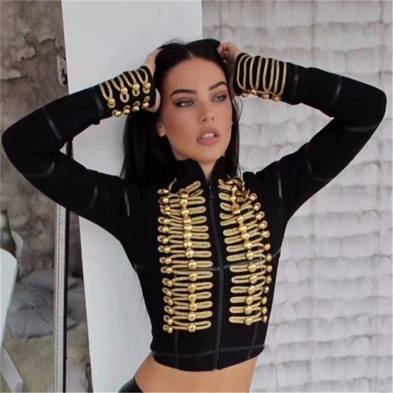 

New Golden Button Embellished Sleeves Celebrity Party Elegant Long Sleeve Bandage Jacket Y201001, Black