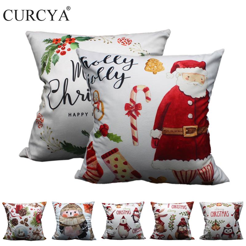 

CURCYA Xmas Patterns Printed Velvet Cushion Covers Soft Polyester Santa Claus Gifts Throw Pillow Case Merry Christmas Decoration