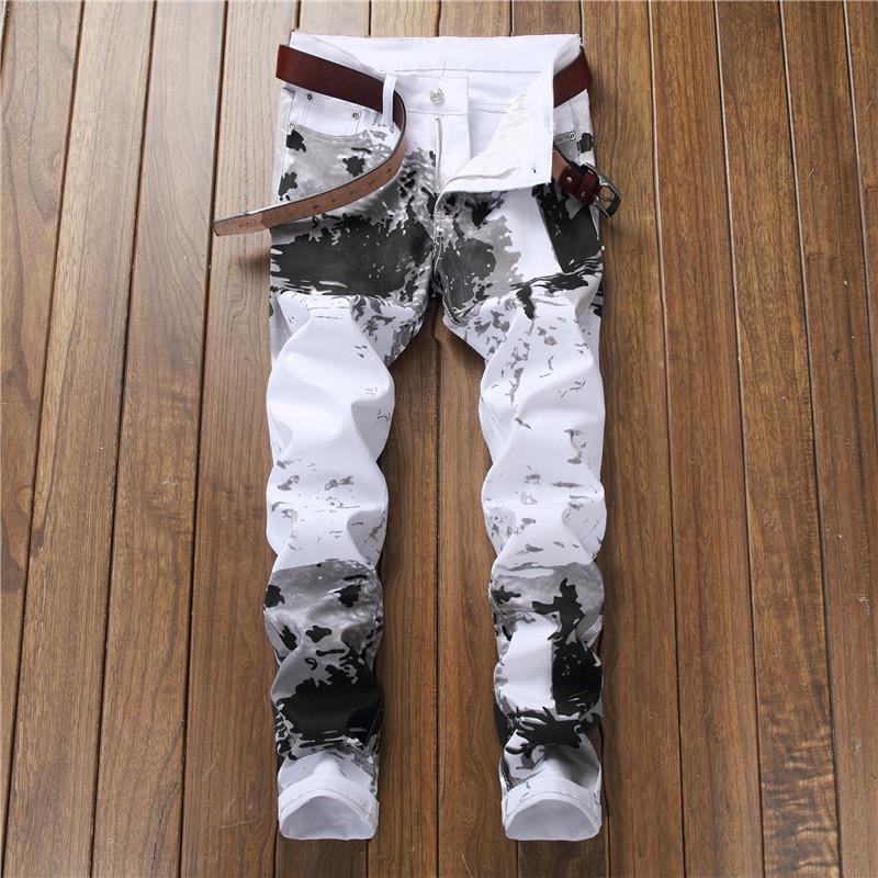 

High Street Men's White Printed Jeans Individuality Fashion Trend Straight Cowboys Trousers Slim Fit Male Casual Plus Size Pants
