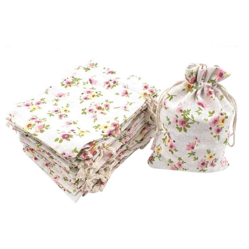 

50Pcs Floral Burlap Drawstring Bags, Linen Gift Bag Jewelry Pouches Sacks for Christmas Wedding Party, 5.3 x 3.9 Inch