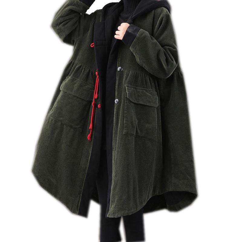 

Women Cotton Padded Coat Outwear Corduroy Thick Big Loose Oversized Long Retro Vintage Fashion for Autumn Winter A11101253, Brown