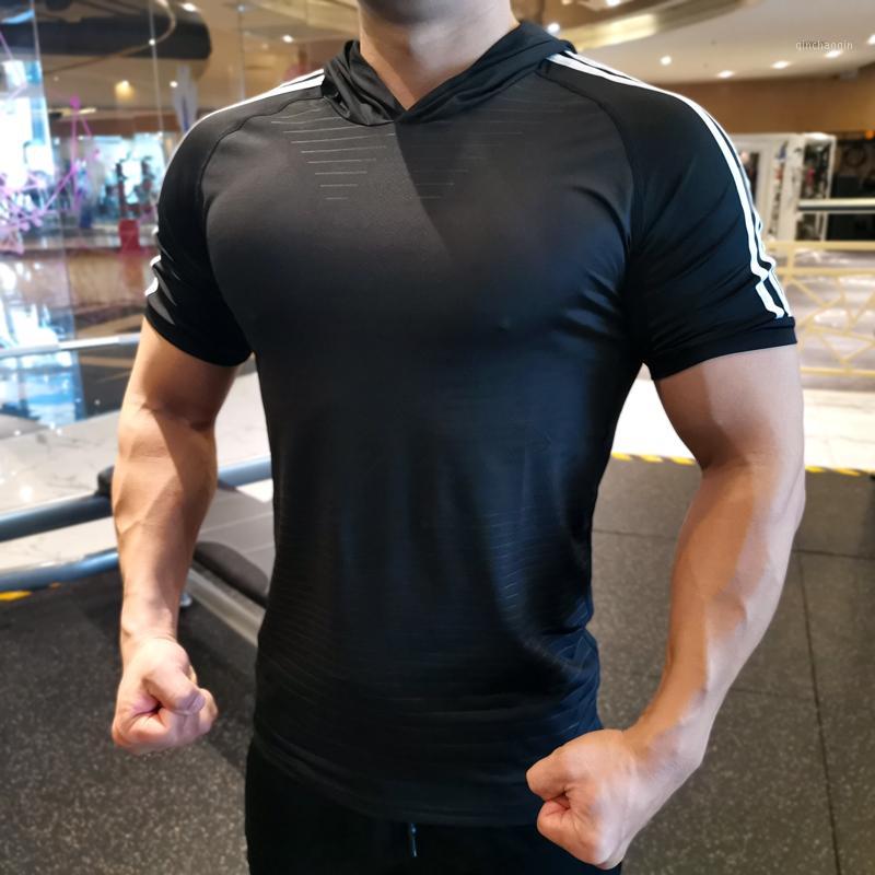 

Summer Running Men T-Shirts Quick Dry Hooded Shirt Tops Tees Sport Men' Fitness Gym T Shirts compression Muscle Tee1, 978 gray