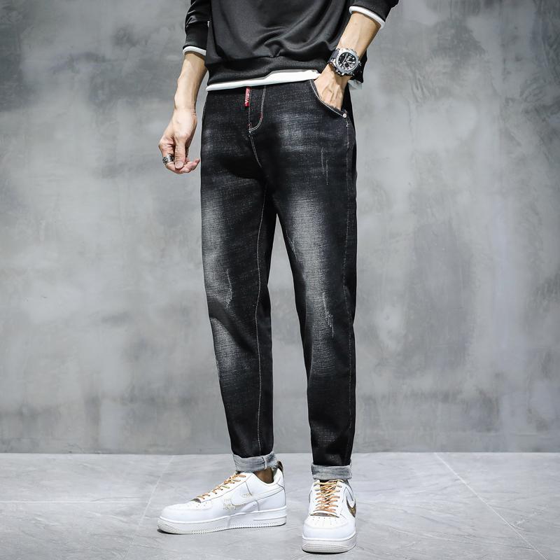 

Winter Men Student Thicken Warm Harem Jeans Regular Fit Loose Straight Denim Trousers Male Casual Stretch Cropped Pencil Pants, Black