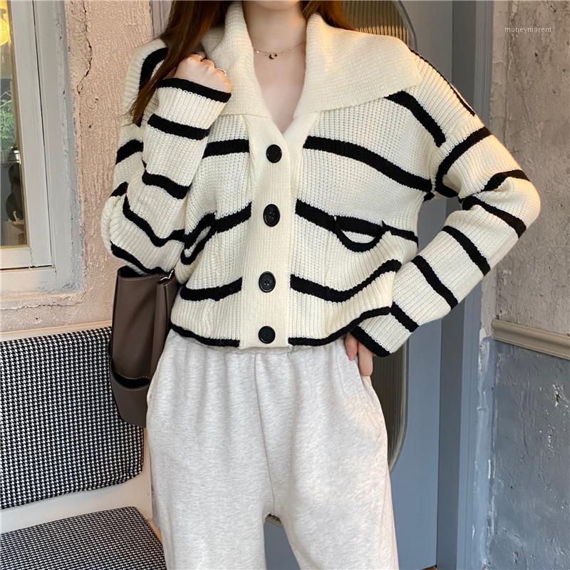 

Striped Black White Female Autumn Clothes Korean Women'S Knitted Cardigan Sweater For Women Winter Clothing 2020 K06421