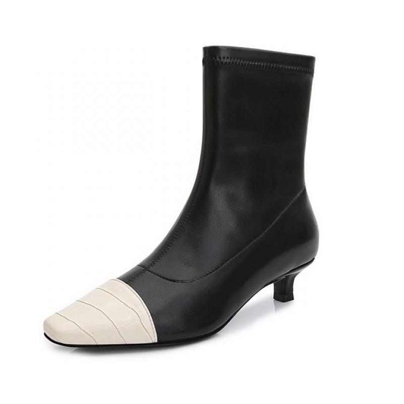 

Pointed Thin Heel Sheepskin Fashion Short Boots For Women Sexy Medium Tube Comfortable Patchwork Sheepskin Boot Shoes For Lady, Beige