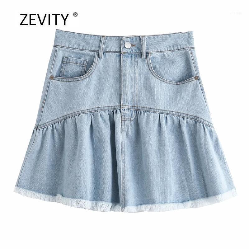 

Zevity New Women pleats ruffles patchwork denim skirt faldas mujer ladies hem tassel chic zipper pocket A Line skirts QUN6481, As pic qun648fh
