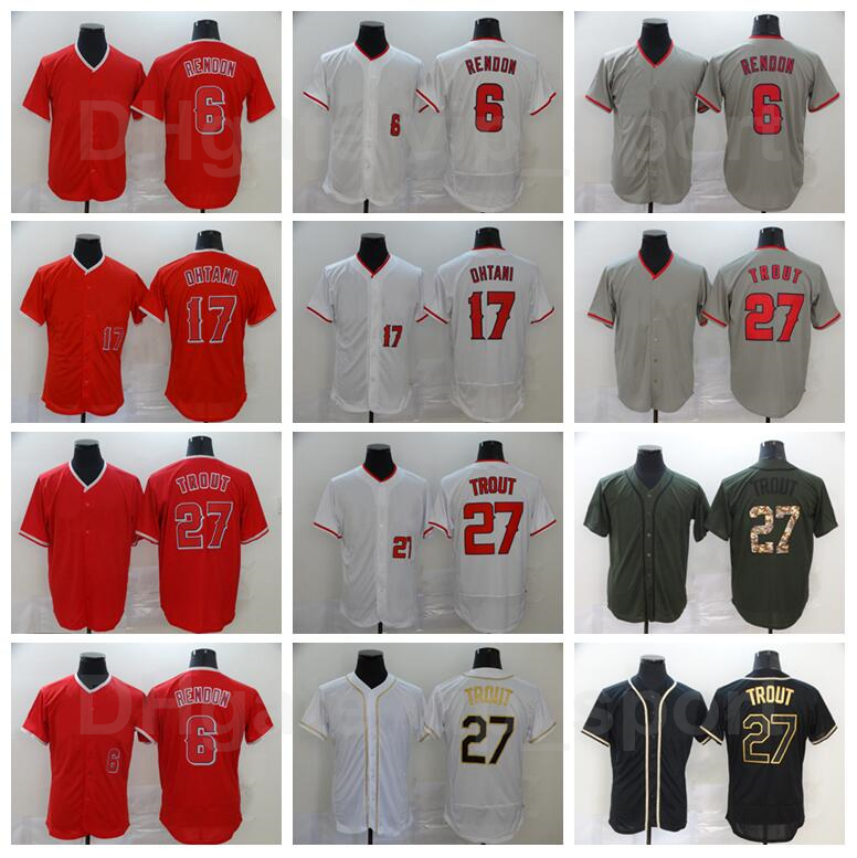 

2020 Men Baseball 27 Mike Trout Jersey 6 Anthony Rendon 17 Shohei Ohtani Red White Grey Black Army Green Stitched Flexbase Cool Base, 6 white