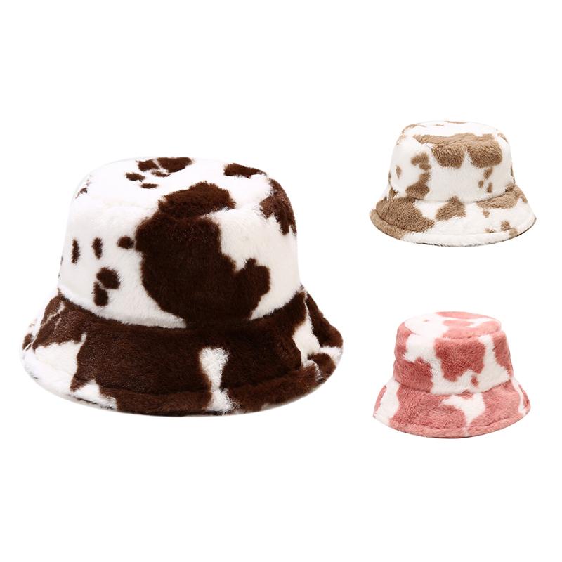 

New Fashion Winter Cow Pattern Plush Thicken Bucket Hats for Women Tourism Outdoor Warm Hat Fisherman Cap, Khaki