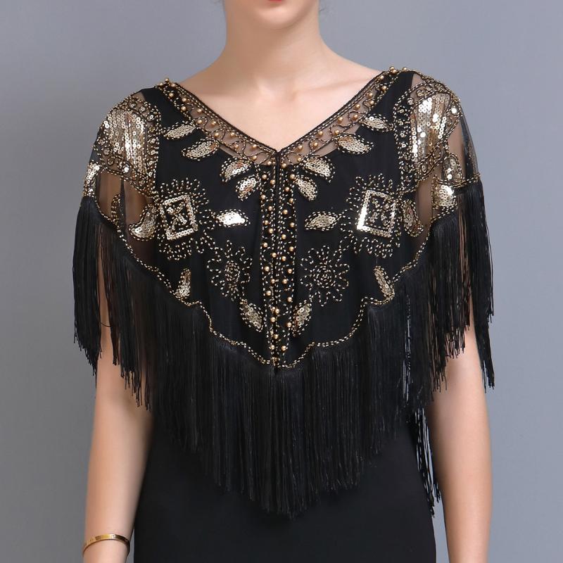 

Scarves Women 1920s Sequined Shawl With Tassels Beaded Pearl Fringe Sheer Mesh Wraps Gatsby Flapper Bolero Cape Cover Up1