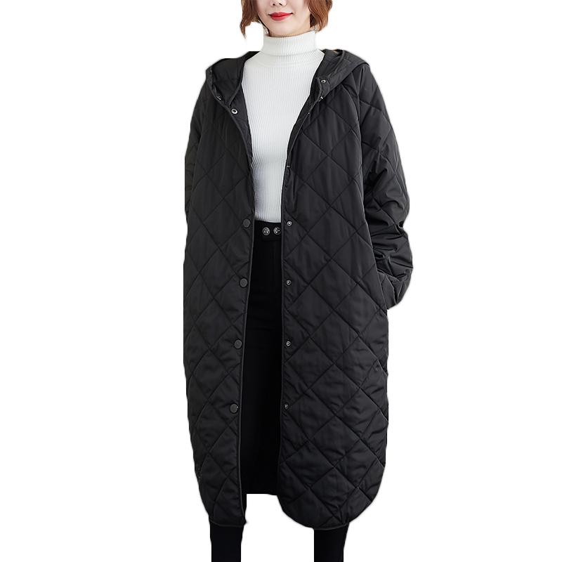 

2021 Autumn Winter New Mid-length Cotton Padded Coat Women's Loose Large Size Thickened Knee-length Hooded Trench Coat 114C, Black
