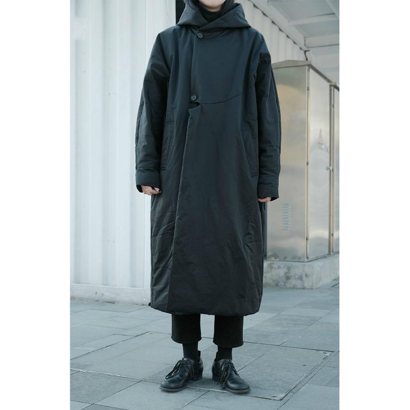 

DARK 2020 Yoji Yamamoto Dark Niche Design Irregular Cut Hooded Mid-length Windbreaker Cotton Jacket, Black