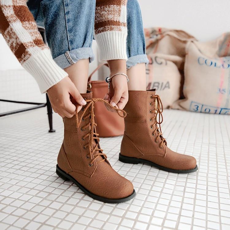 

PXELENA Rome British Boots Women Square Low Heels Lace Up Motorycle Biker Combat Riding Ankle Boots Female Shoes, Apricot