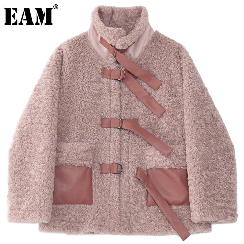 

EAM] Loose Fit Big Size Lambswool Warm Thick Jacket New Lapel Long Sleeve Women Coat Fashion Tide Autumn Winter 2021 1DD0810, Pink