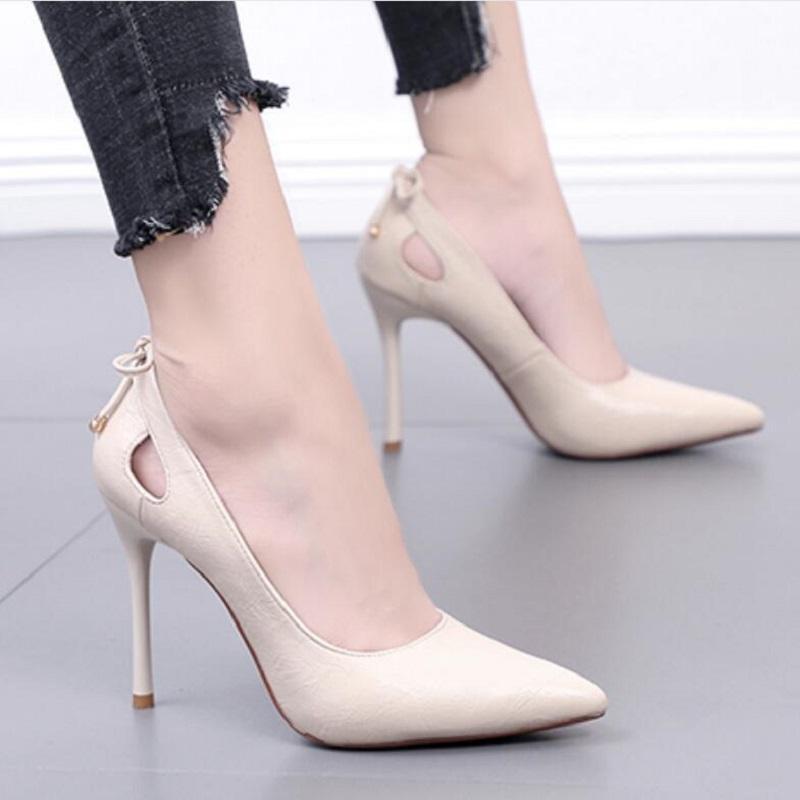 

New high heels women pumps pointed toe ladies office shoes sexy bow stiletto bridal wedding party shoes zapatos mujer1, Beige