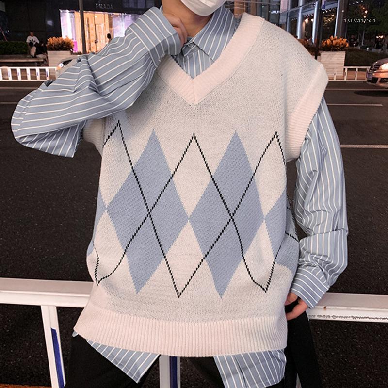 

Sweater Vest Men Patchwork V-neck Sleeveless Sweaters Coats Preppy Style Side-Slit Couples Teens Waistcoat Retro High Quality1, Gray