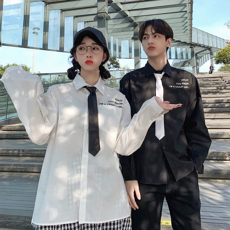 

Sleeve 2021 Long Shirt Spring New Lapel and Female Neck Youth Male Clothes SSCA, Black with white tie