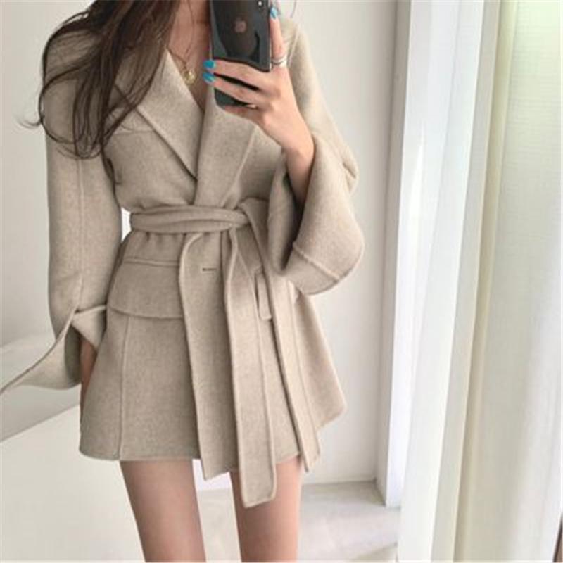 

Womens Solid Color Coat Fall Winter Korean Chic Elegant Belt Flare Sleeve Thick Oatmeal Warm Females Jacket Loose Outwear, Black