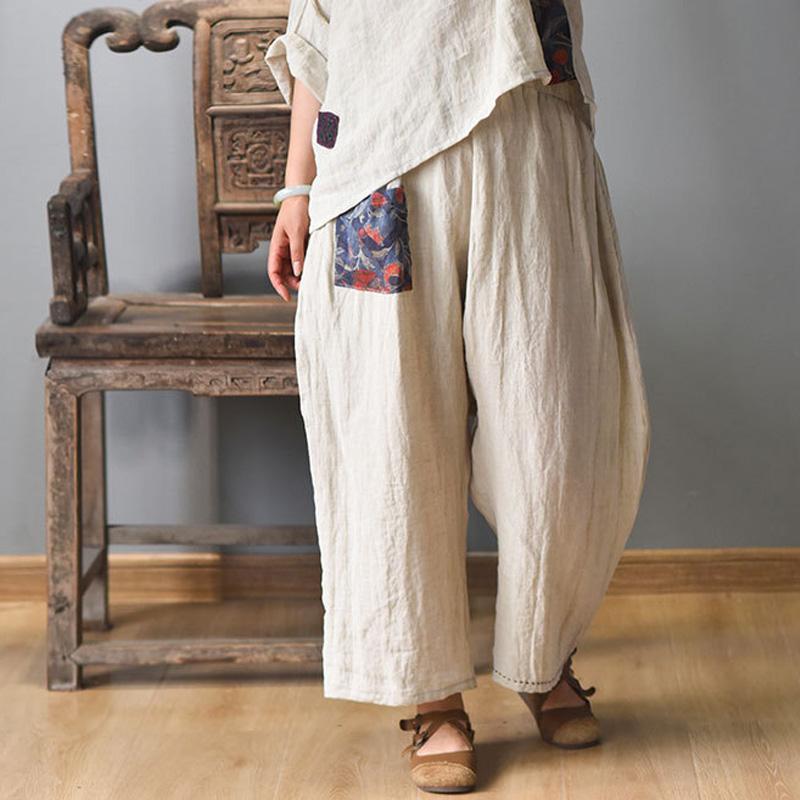 

Johnature Summer Linen Wide Leg Pants For Women Solid Color Patchwork Elastic Waist Trouser Loose Pockets Female Vintage Pants, Beige
