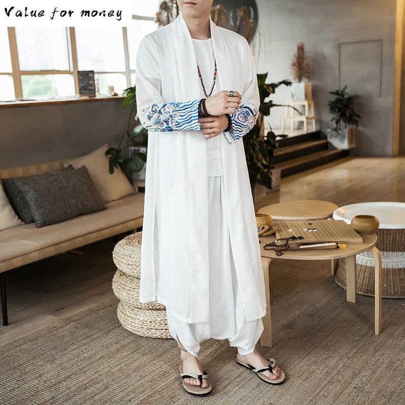 

Shawl Loose Fashion Long Kimono Windbreaker Outwear Summer China Style Men Cardigan Thin Coat Trench Jacket Male White