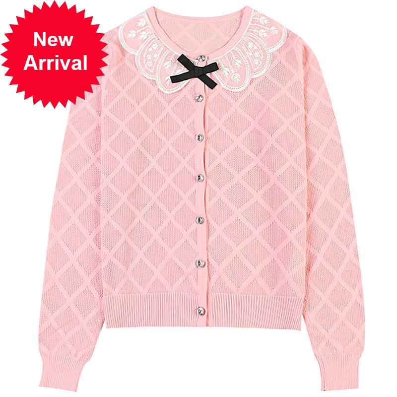 

2021 New -autumn Lace Lapel Check Her Neck Women Long-sleeved Malha Cardigan Blue Cause Pink Elegant Arc Single Shirt Breasted 68za, Black