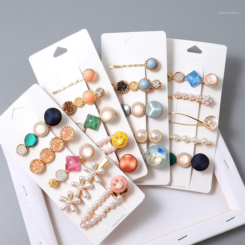 

5 Pieces Girl Hairpin Set ladies Hair Clips Fashion Pearl Geometric Hairpins Girl Sweet Headband Hair accessories Headdress1, Style-2