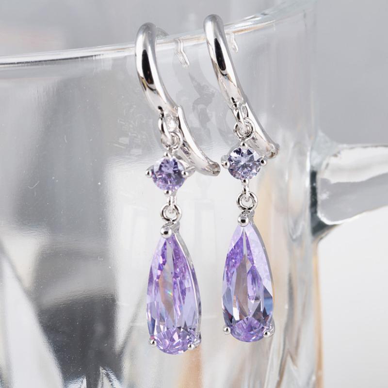 

Hoop & Huggie Gorgeous White Gold Color Teardrop Purple/Pink Zircon Anti-Allergic Long Earrings For Women Party Jewelry Festive Gift