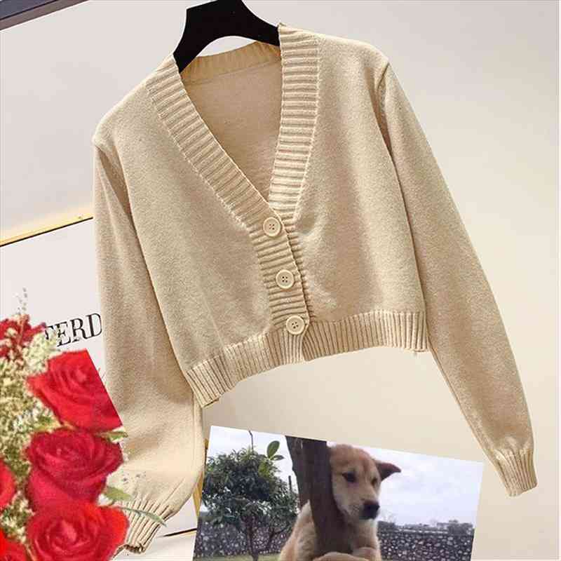 

Autumn Female Cardigan Long Flare Sleeve Short Sweater Summer Women Ribbed Knitted Cotton Tops 3 5 Buttons Soft Thin Outwear, White;black