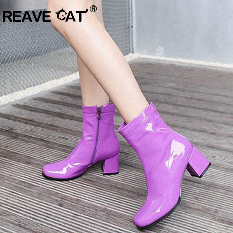 

REAVE CAT Ankle boots Shoes women Pu leather Thick heel Round toe zipper Botas feminino mujer Solid casual shoes zapatos A1401, Black