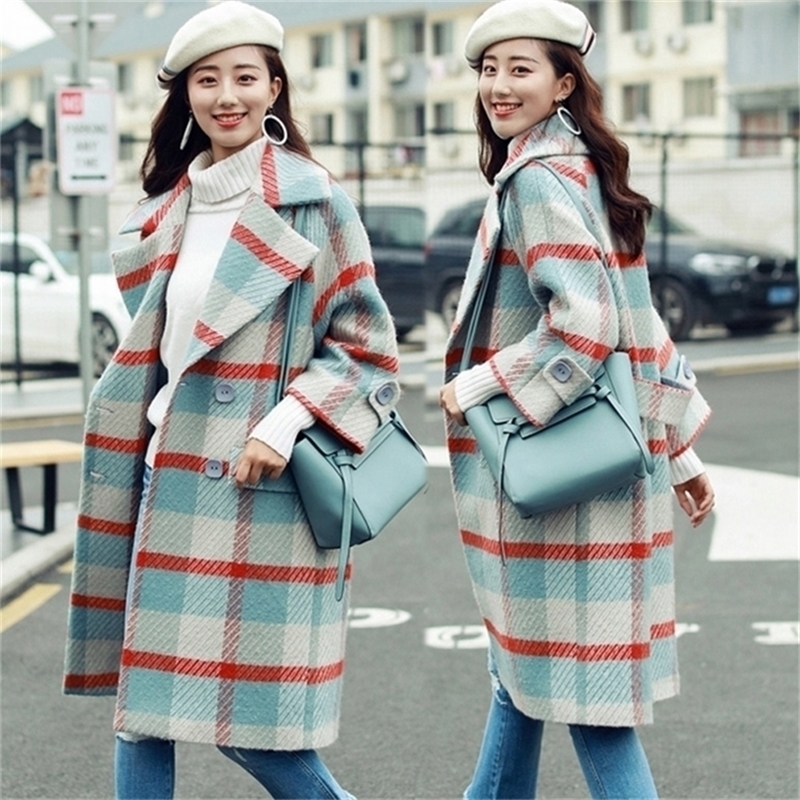 Plaid Coat Women's Clothing Autumn Damesjas Winter Wool Jacket Long Oversized Coats Blend Woolen Warm Female Outerwear 201218Z